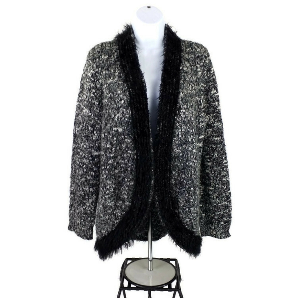 Chico's Black White Marled Fuzzy Open Front Cardigan Sweater Womens 1/US 8